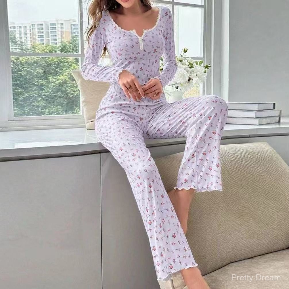Set piyama kasual motif bunga