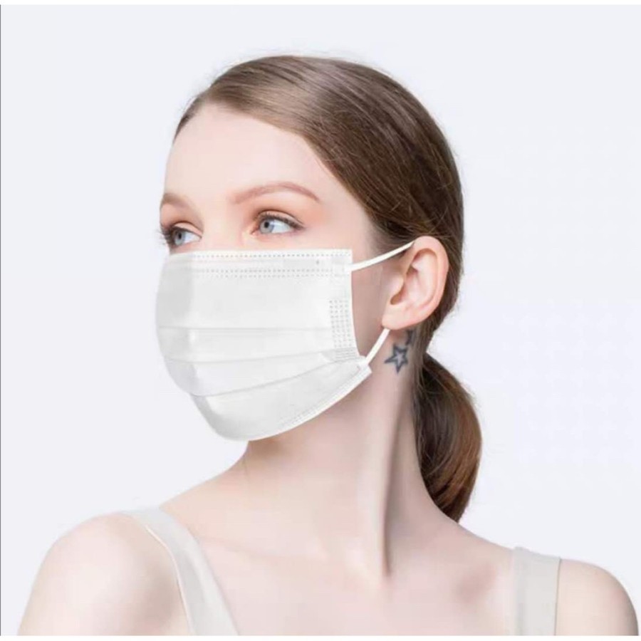 GROSIR Masker 3 ply 3ply isi 50 PUTIH BIRU HIJAU Polos Earloop  BFE 95% Packing Pouch Made In Indone