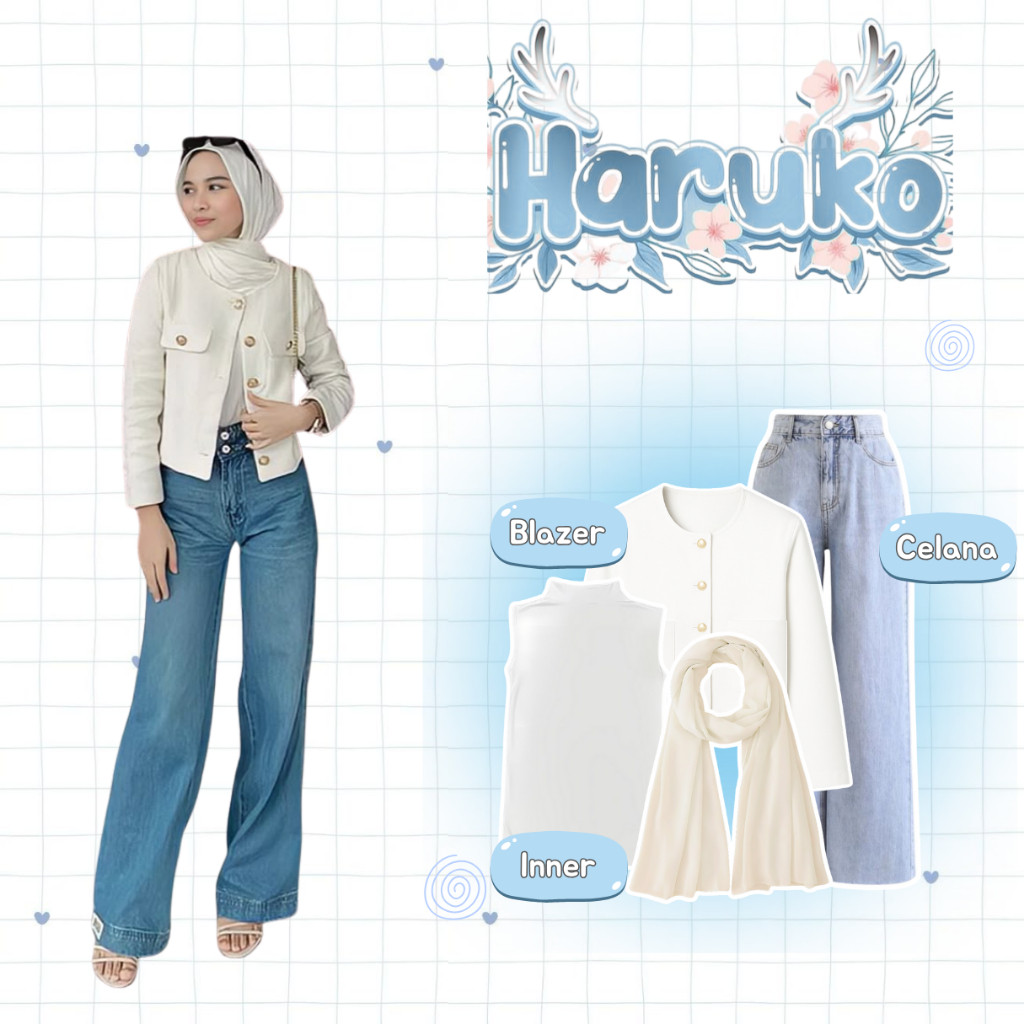 Haru Set Outfit 4in1 Wanita ( Jilbab + Inner Manset + Blazer + Celana Jeans ) Setelan Elegan Oneset 