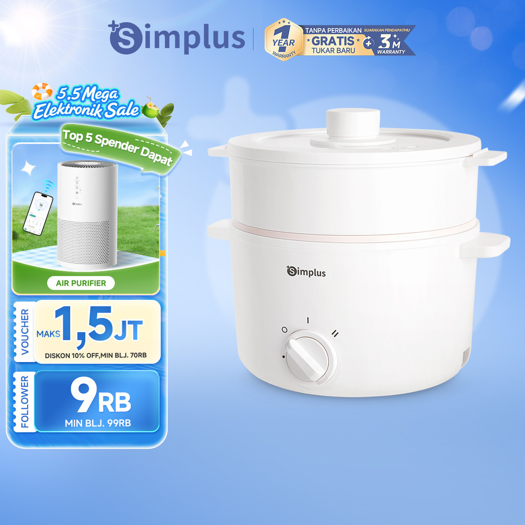 Simplus Panci Listrik Multifungsi 3L Lapisan Keramik Anti Lengket 2 Tingkat Suhu