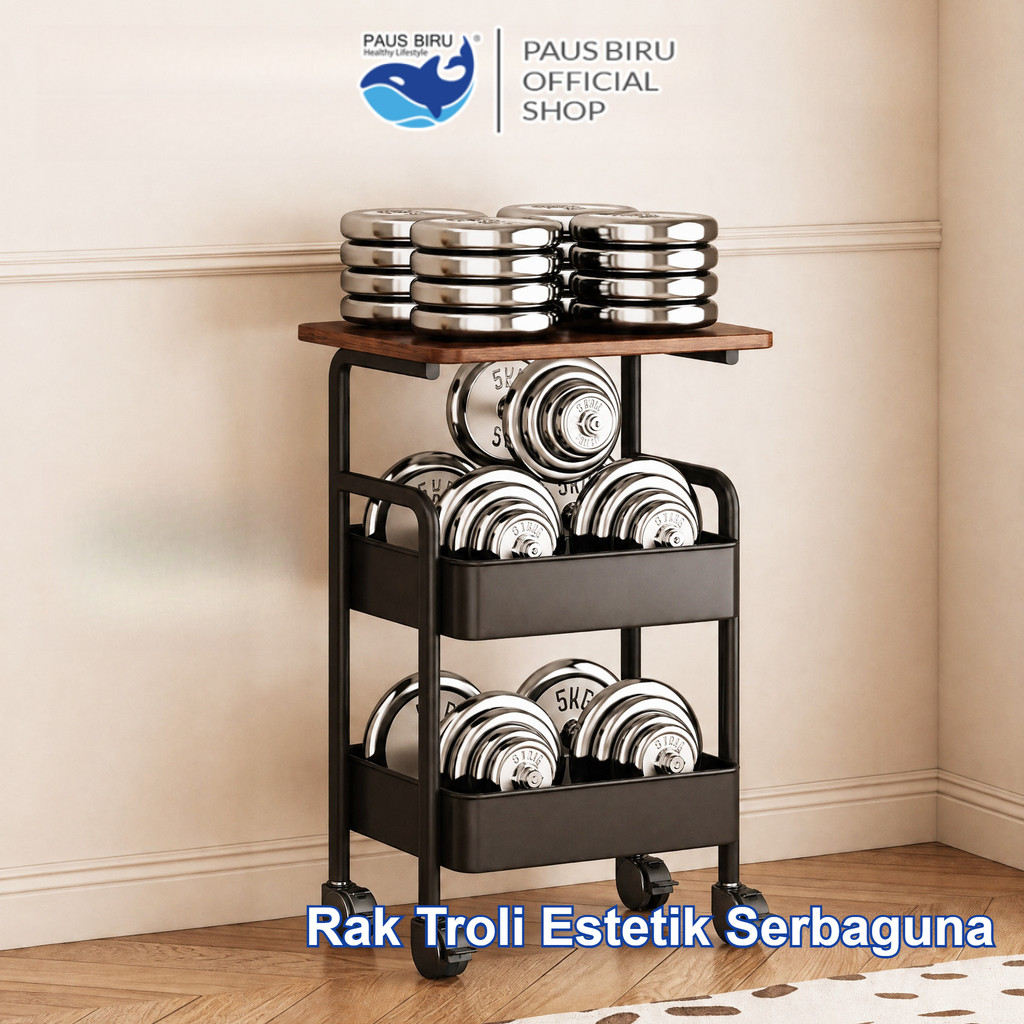 Paus Biru Rak Troli Susun 3-4 Tingkat Serbaguna dengan Roda & Pengunci Lebar 44 cm | Rak Dapur, Rak 