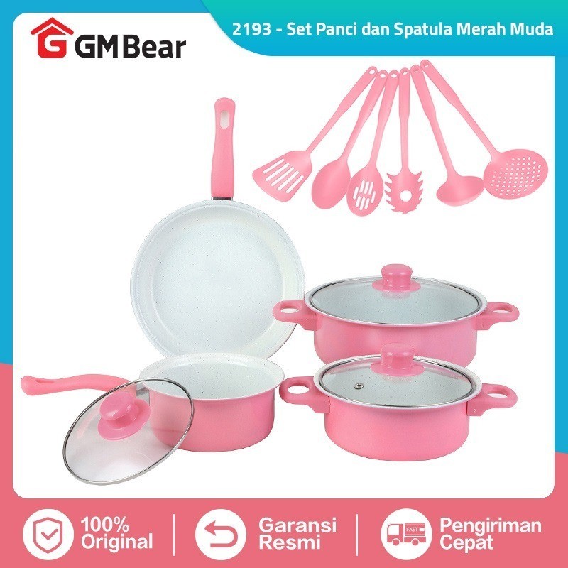 GM Bear Set Panci dan Spatula Merah Muda 2193 - Wajan Penggorengan Spatula Set Frypan Saucepan