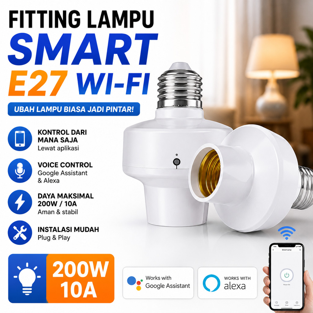 Smart Lamp Socket Fitting Lampu E27 WiFi Control App Realtime Adaptor Fitting Lampu Pintar Kontrol A