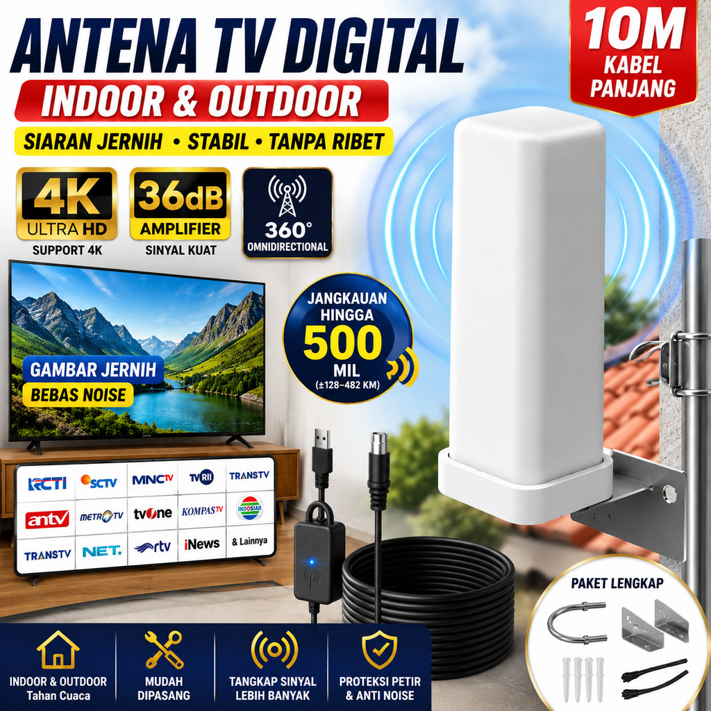 Antena Tv Digital Indoor Outdoor Dvb-T2 Booster Murah Awet Kuat Praktis Ringkas Penguat Sinyal Bagus