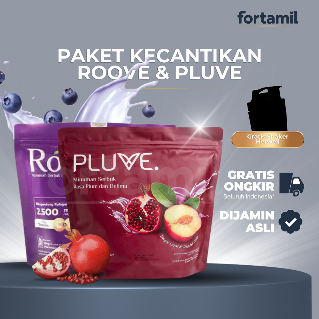 (Paket Kecantikan) ROOVE Blueberry 1 pouch + PLUVE 1 pouch Original | Free Shaker