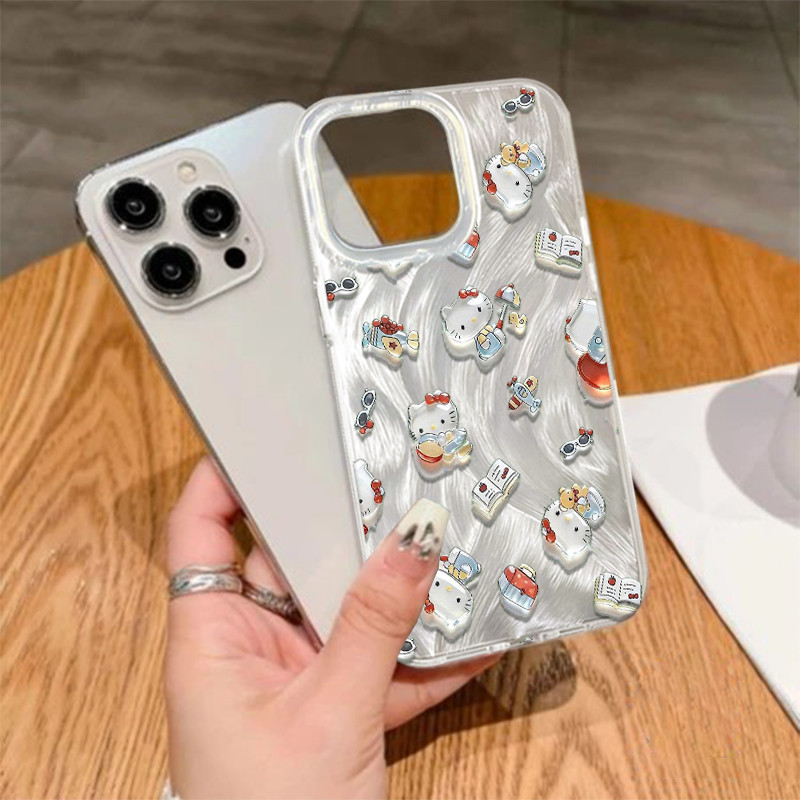 Casing HP Tekstur Bulu Burung Soft Case Hello Kitty Lucu untuk iPhone OPPO A3X A3 PRO A7 A16E A17 A3
