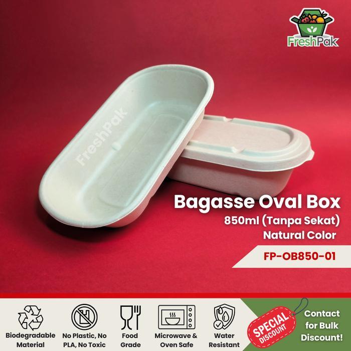 [50 Pcs] FreshPak Bagasse Oval Box 850 ml Sugarcane Eco Friendly Packaging - Bagasse