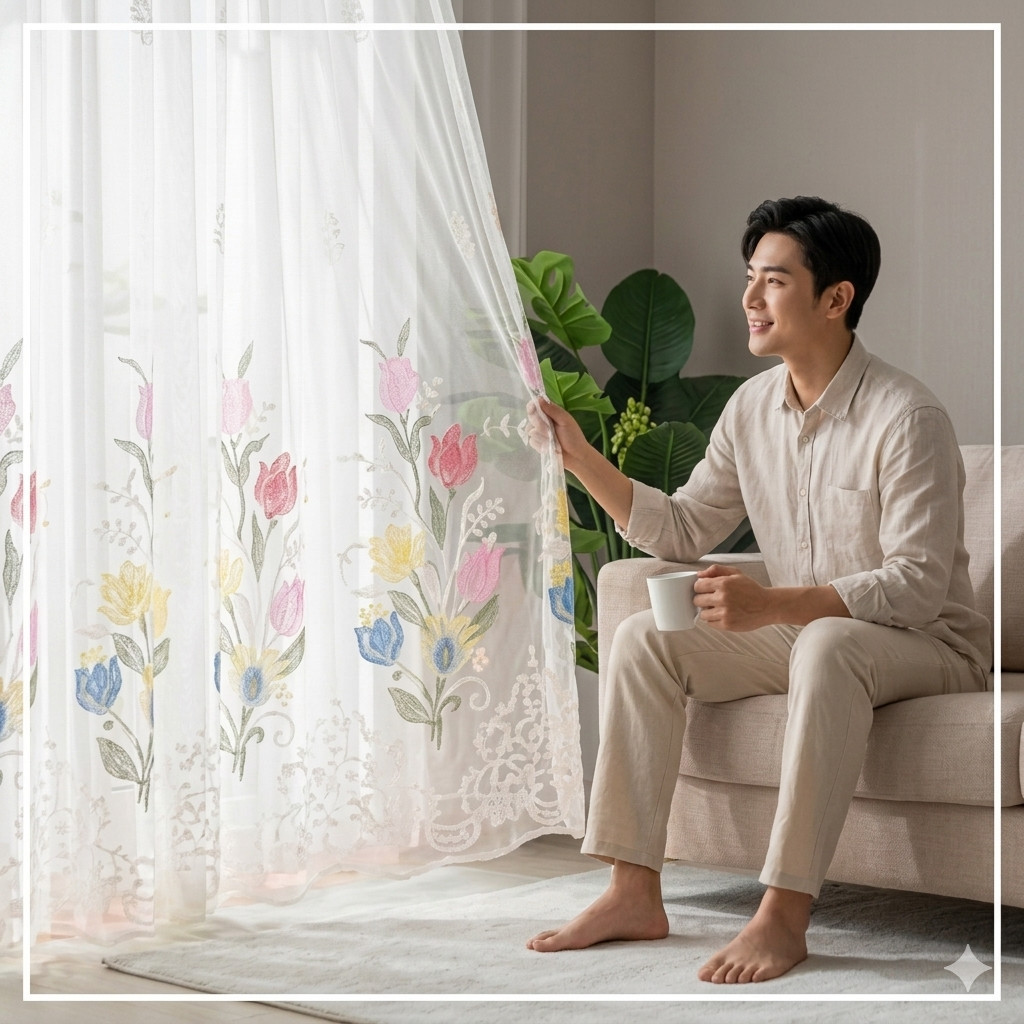 Gorden Vitrase Motif Bunga Matahari Tulif Polos T. 200cm Kain Tipis Transparan dengan Pola Bordir Co