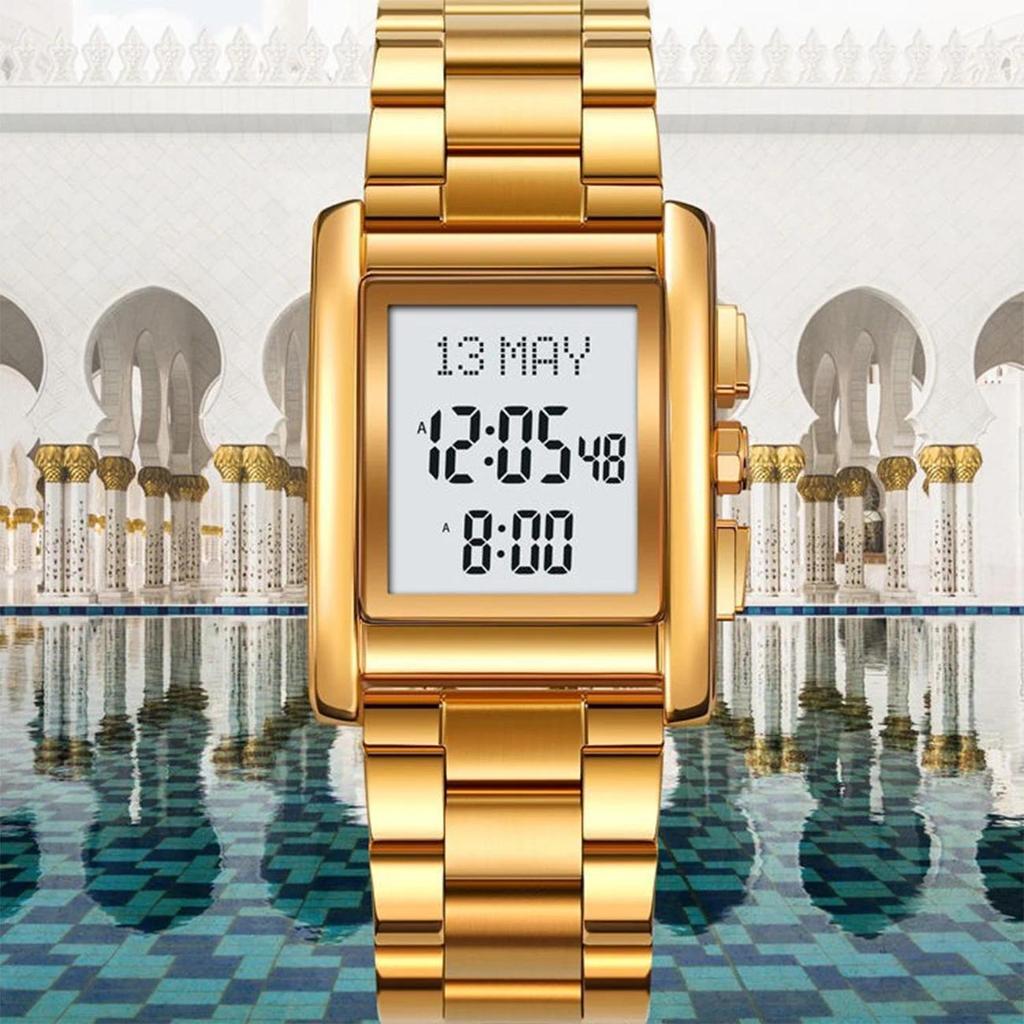 Azan Watch for Muslim Prayer with Qibla Compass Islam AlHarameen Fajr Time Clock Include Hijri Calen