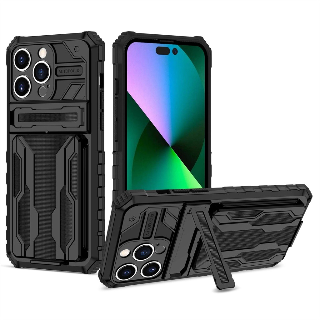 Casing Ponsel dengan Stand Tersembunyi dan Kantong Kartu untuk iPhone 12 11 Pro Max Xs Max XR 8 7 Pl