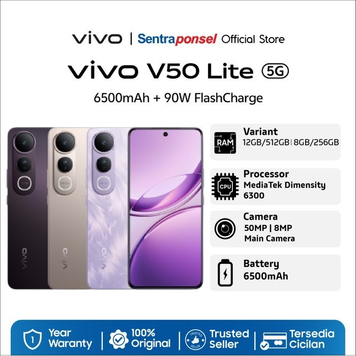 VIVO V50 LITE 5G 12GB/512GB 8GB/256GB - Original Garansi Resmi - Black, 12GB/512GB
