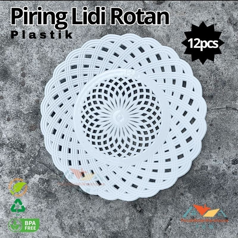 TERLARIS [12PCS] Piring Lidi Plastik Putih / Piring Rotan Plastik / Piring Warung Angkringan