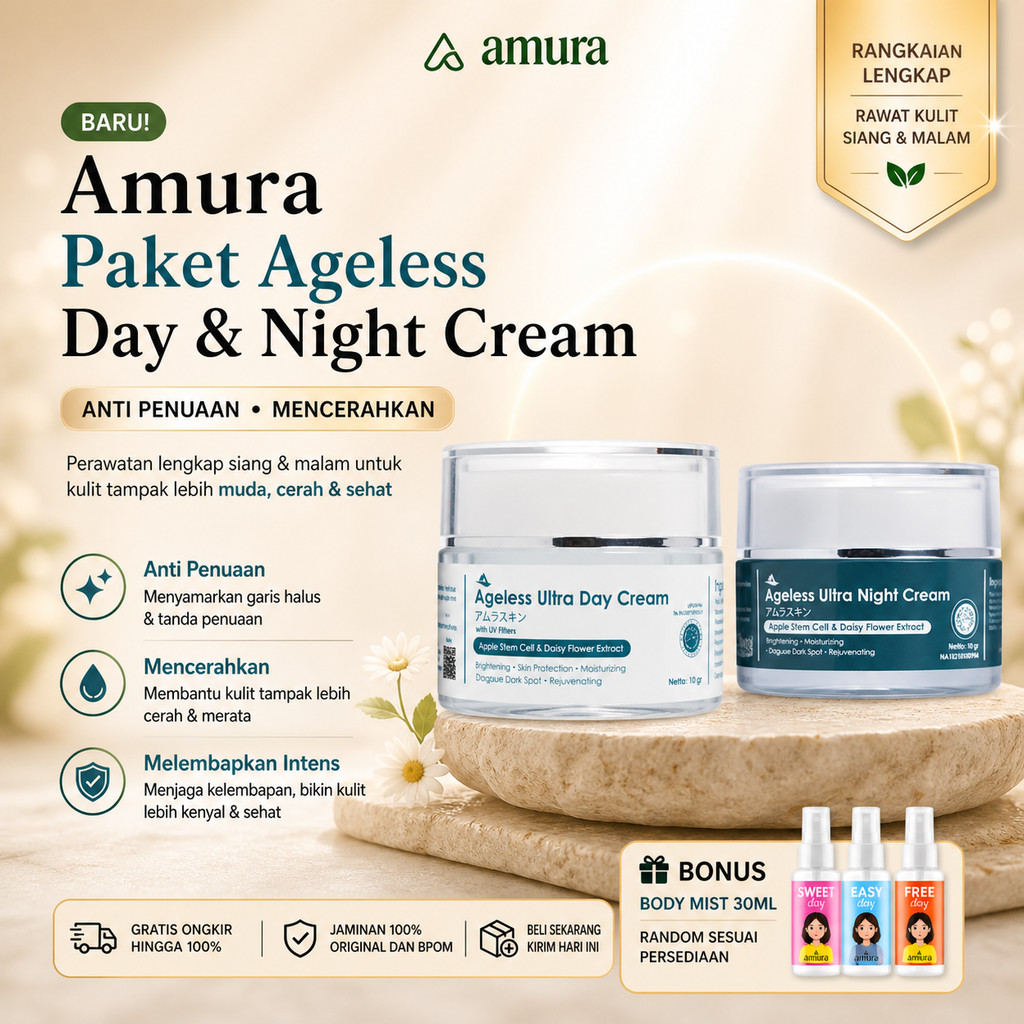Amura Paket Ageless Cream Siang Malam Glowing Day And Night Cream Anti Aging Mencerahkan Flek Hitam 