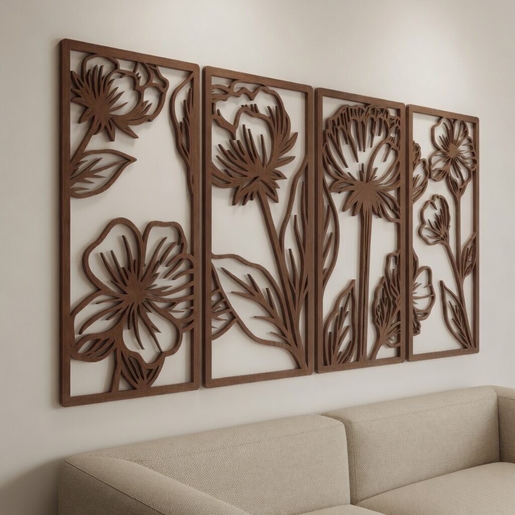 Hiasan Dinding Bunga 4 Panel Polywood 3mm Dekorasi Dinding Rumah Minimalis Ruang Tamu Motif 03