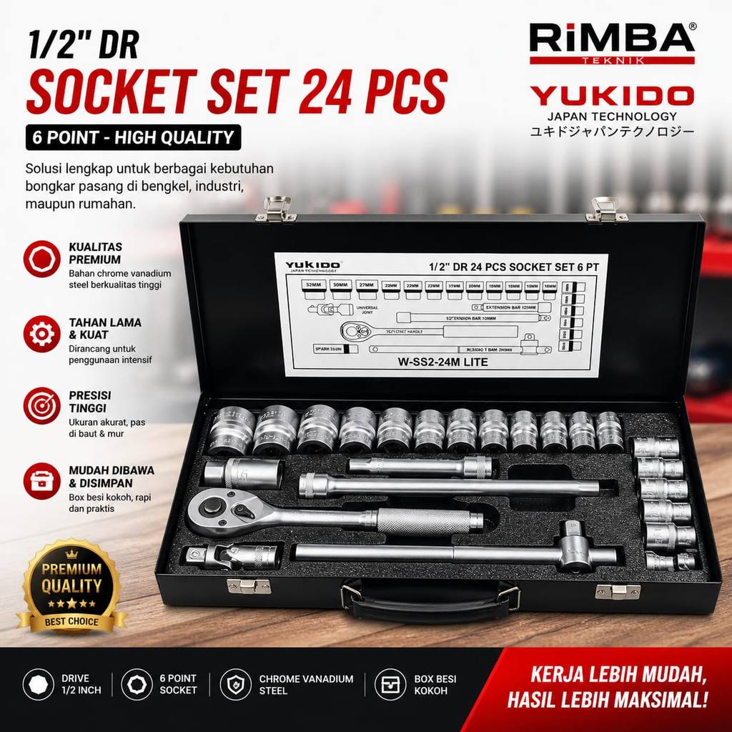 YUKIDO Socket Set / Kunci Sock Set 1/2 Inch 24 Pcs MM (Metric) / INCH 6 / 12 PT Box Kaleng / Plastik
