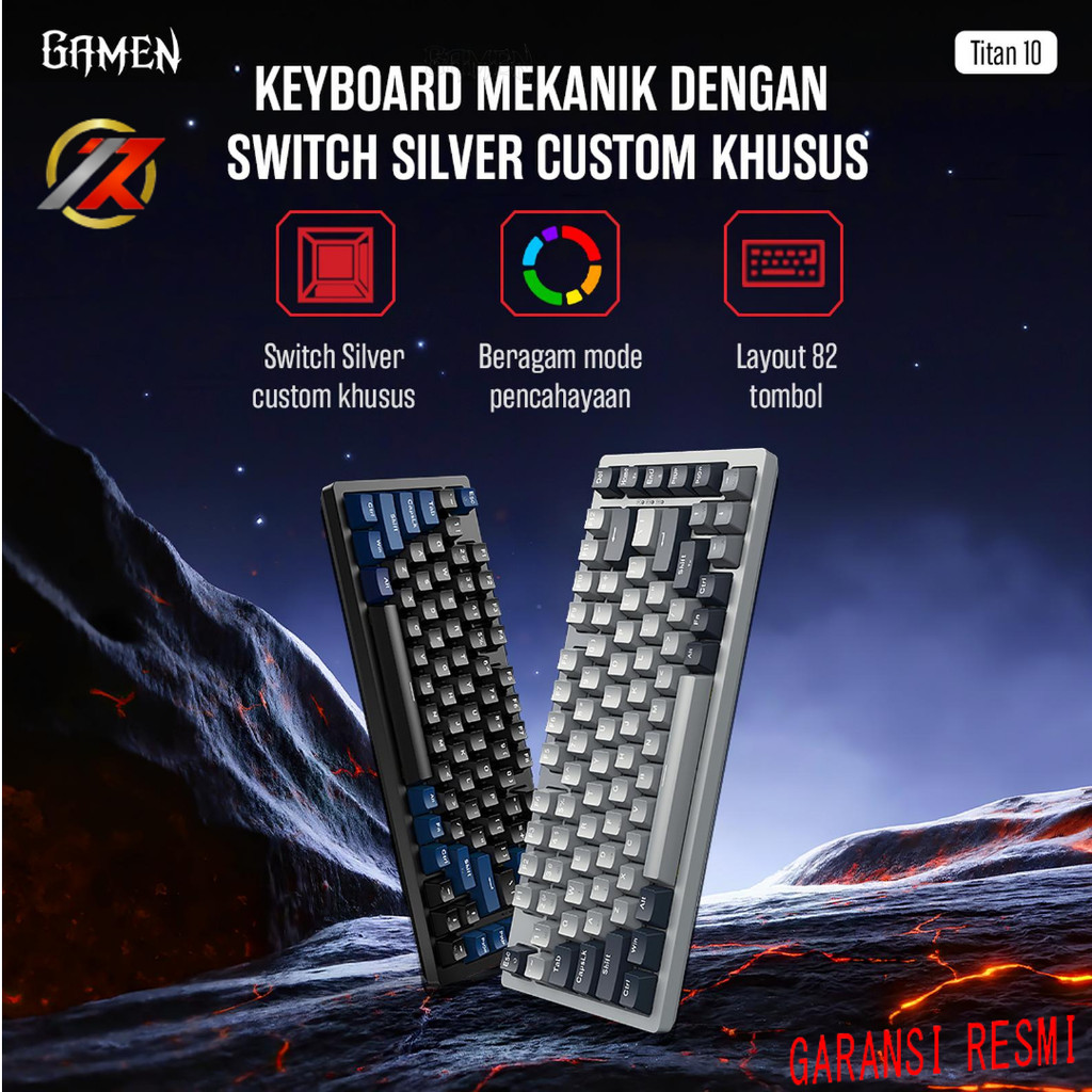 GAMEN Titan 10 Mechanical Keyboard Gaming RGB 82 Tombol TKL Silver Switch Speed Linear Hot-Swappable Black