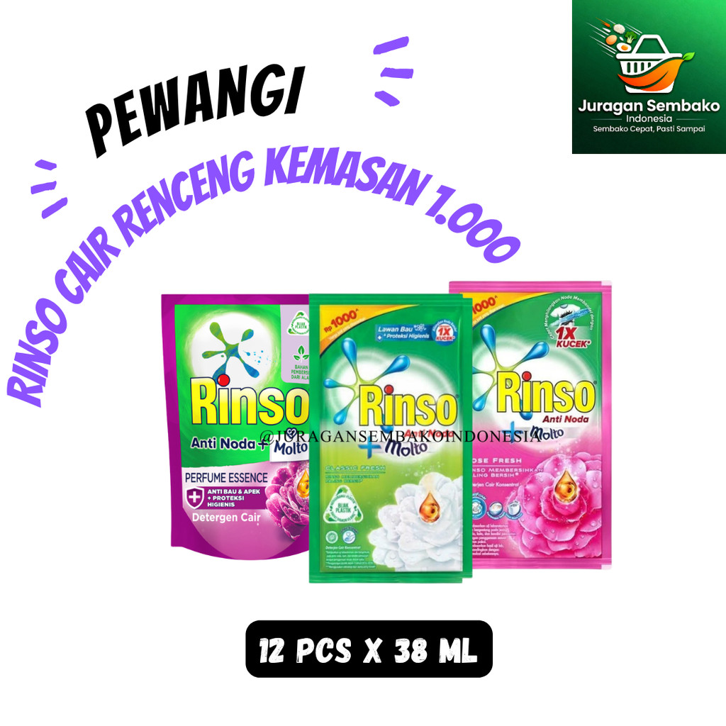 Deterjen Cairan Pewangi Pakaian Rinso Cair 12 Pcs Sachet Kemasan 1.000 Liquid Molto Rose Fresh Perfu