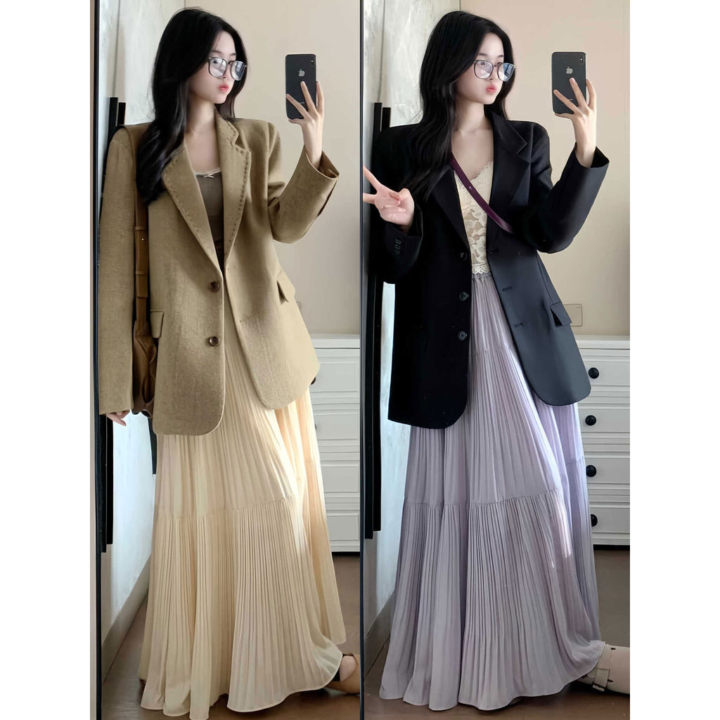 Rok midi wanita warna ungu berkualitas tinggi   Rok fairy cake berpinggang tinggi