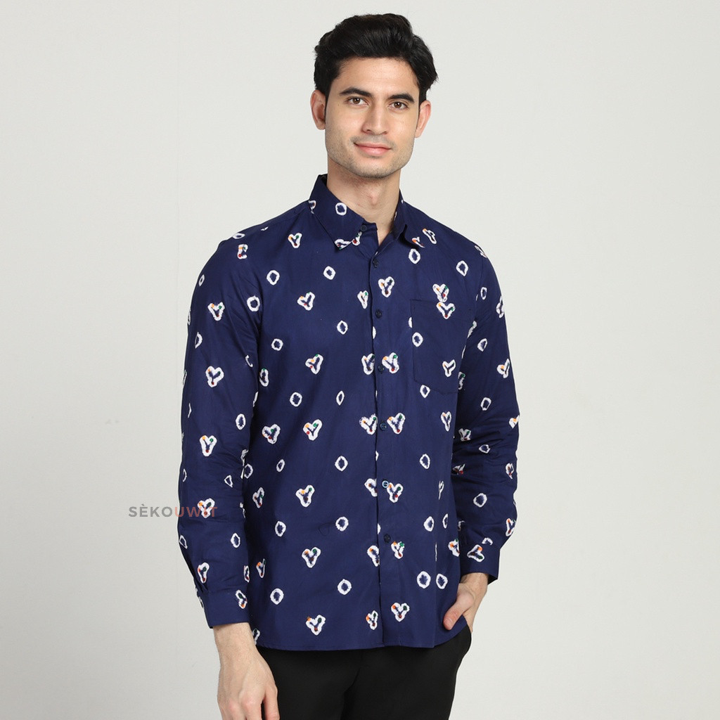 Kemeja Batik Pria DAMAR Kemeja Formal Batik Jumputan Lengan Panjang Sekouwit - Navy Blue