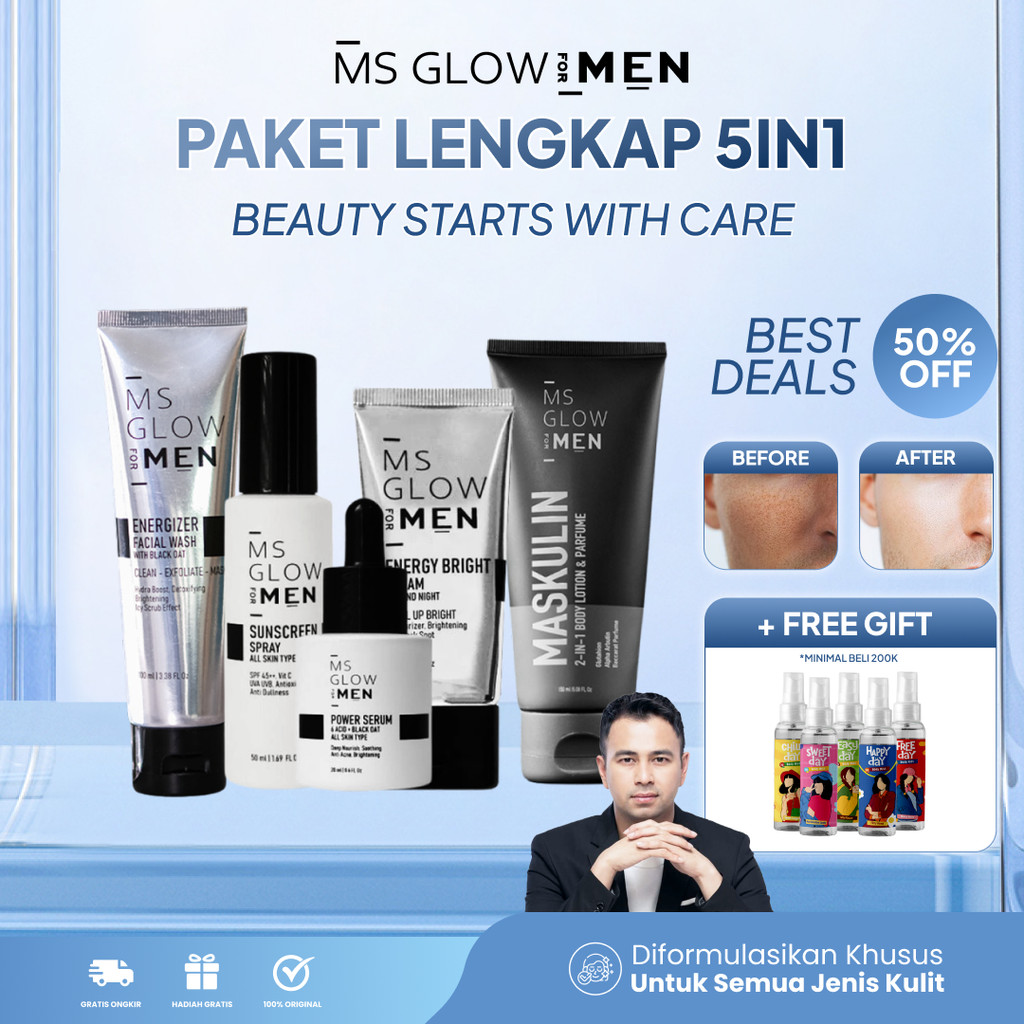 MS Glow Men Paket Maskulin 5in1 Original BPOM Skincare Pria Jerawat Cerah Glowing Skincare 1 Set Len