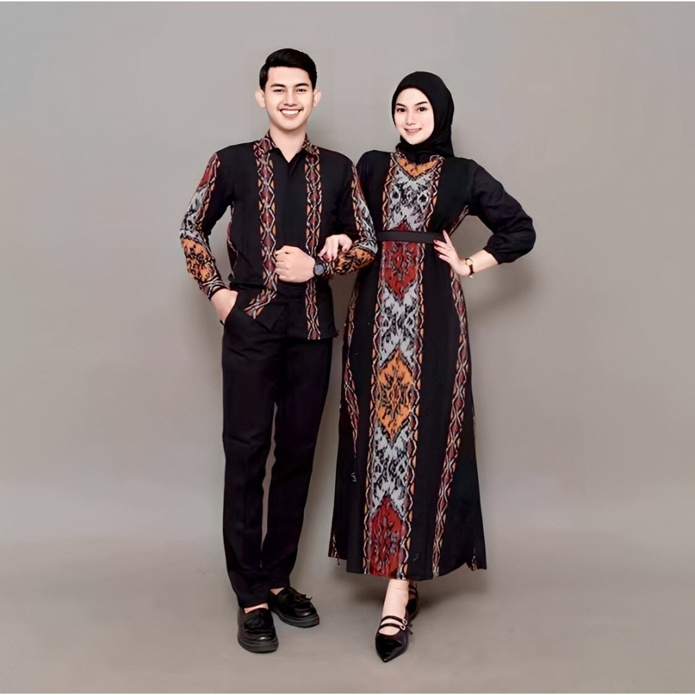 Baju Couple Batik Tenun Fatma Hitam Maron Kemeja Pria Dan Gamis Kondangan RAMA TENUN