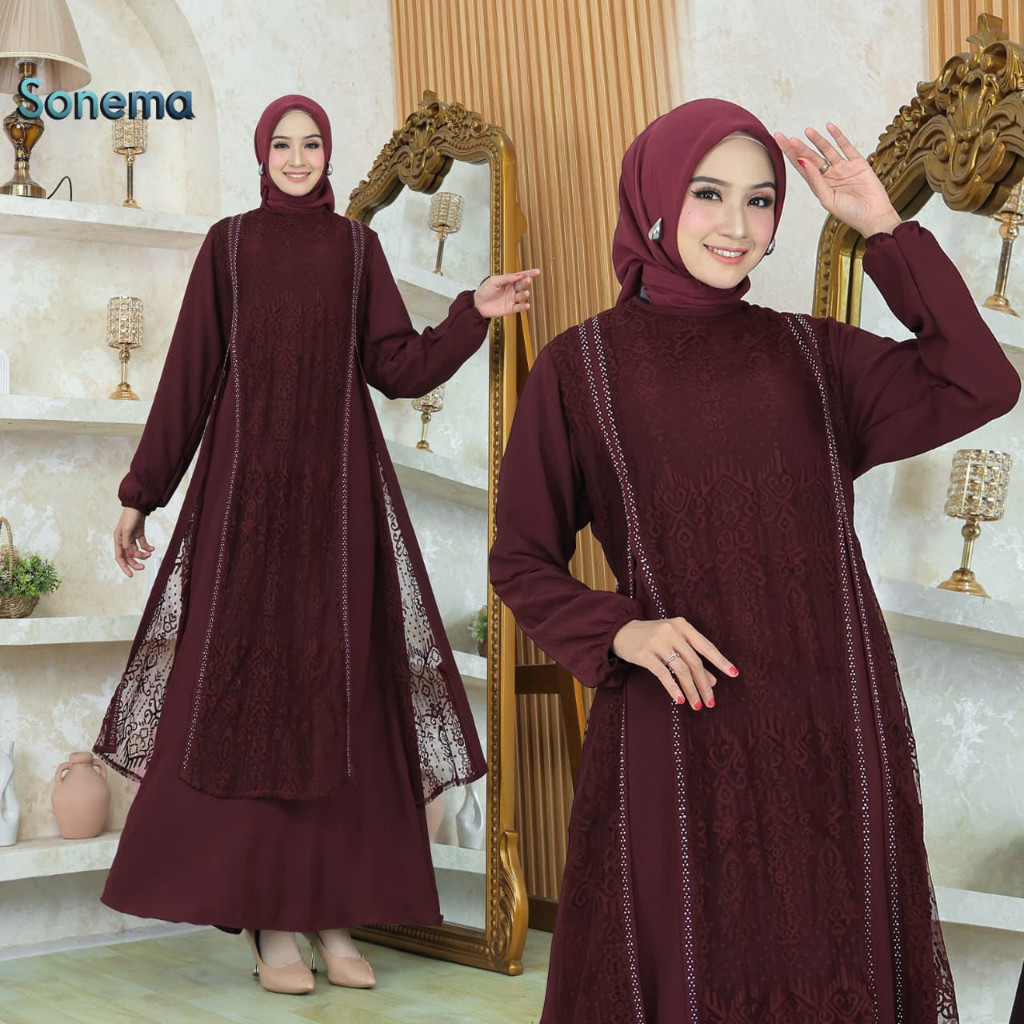 MACIAS_ Gamis Sonema Crinkekel Air Flow Kombinasi Brokat Simple Dan Elegan