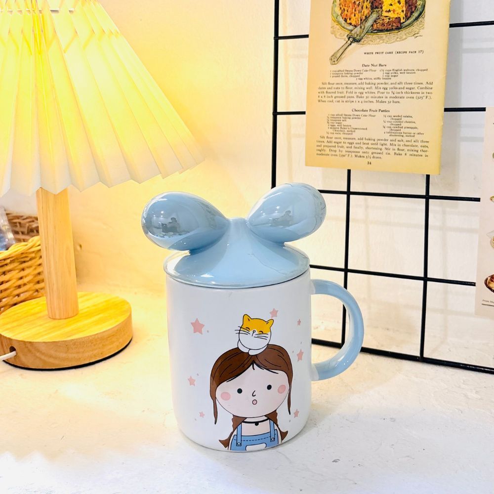 Mug Keramik Aesthetic Tutup Ribbon 400ml | Cangkir Kopi Teh Lucu Estetik