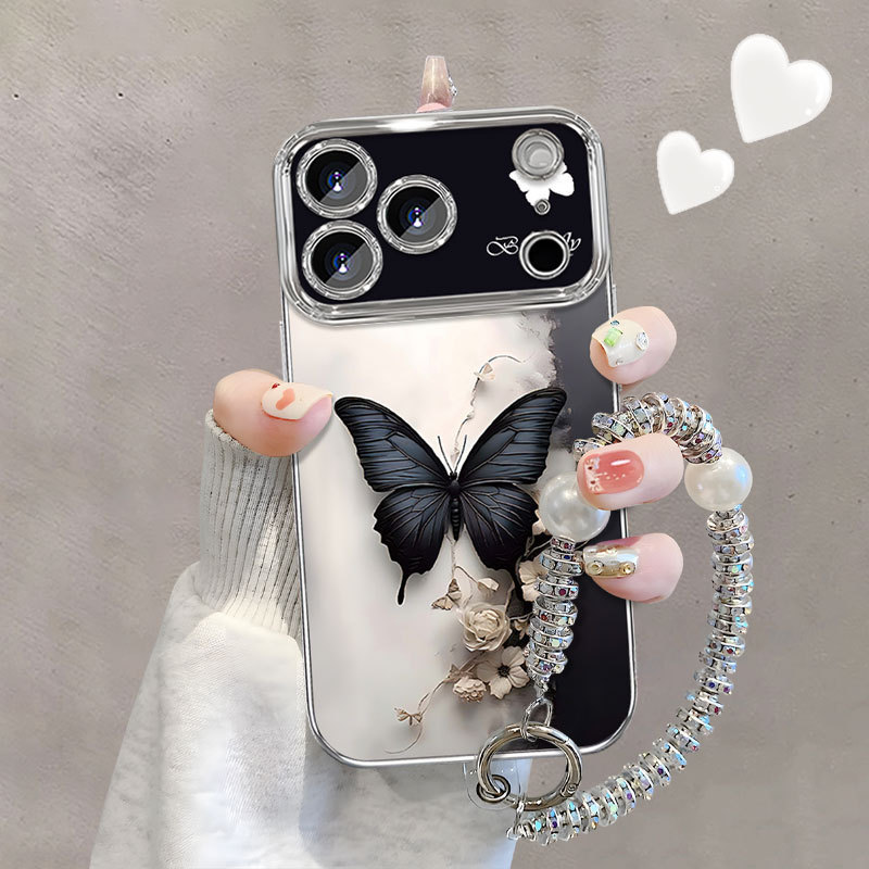 Casing ponsel motif bunga kering kupu-kupu hitam, Cocok untuk iPhone 15 14 13 12 11 Pro Max Casing L