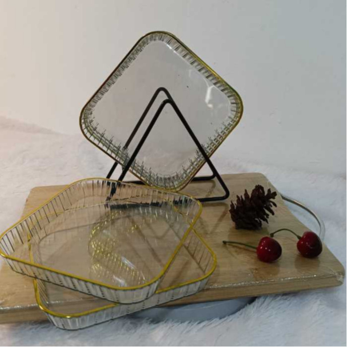 ELMO Piring Plastik Buah Bening Set Dengan Rak Stand Piring Segitiga Stainless Steel