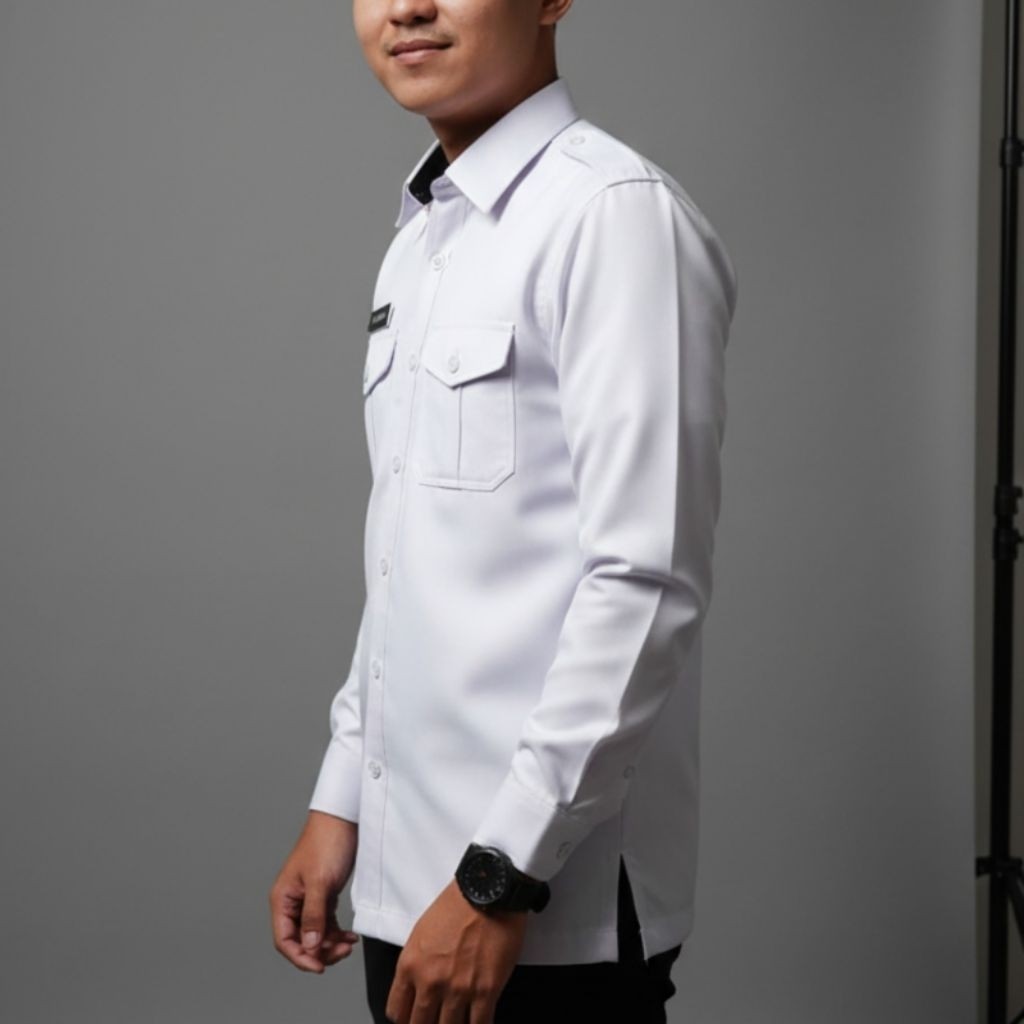 ceris... Kemeja PDH Putih Pria Premium Lengan Panjang Bahan Semi Wooll Adem Lembut Ukuran S-XXL 989