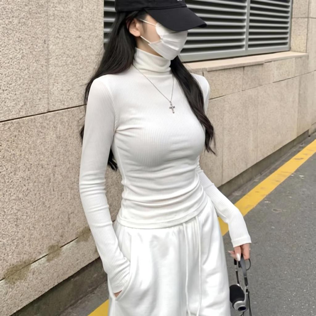iiiamXS Kaos Leher Tinggi Modern, Lengan Panjang Putih Minimalis, Desain Korea Elegan tanpa Berlebih