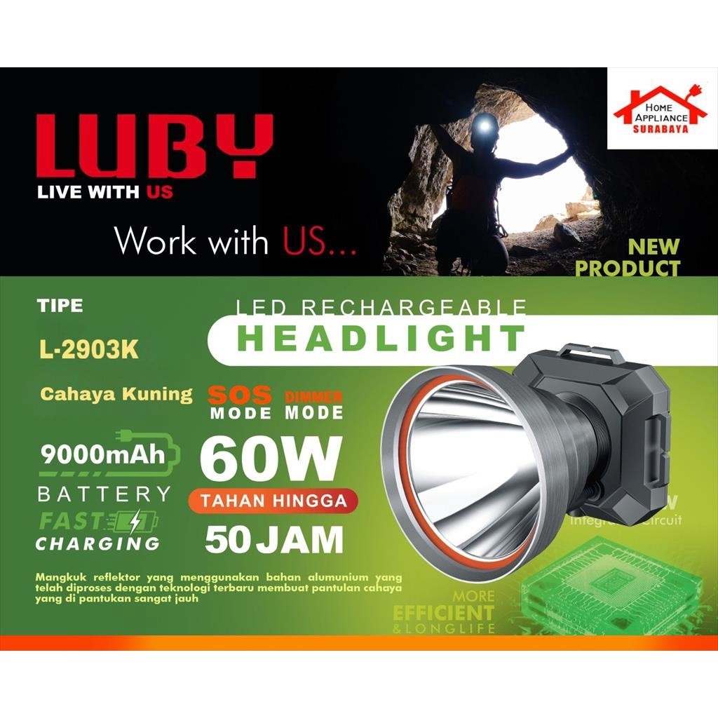 PROMO 5.5 MEGA SALE  LUBY Senter Kepala LED Cas - 60W / 60 Watt 9000mAh Tahan 50 Jam L-2903L Cahaya 