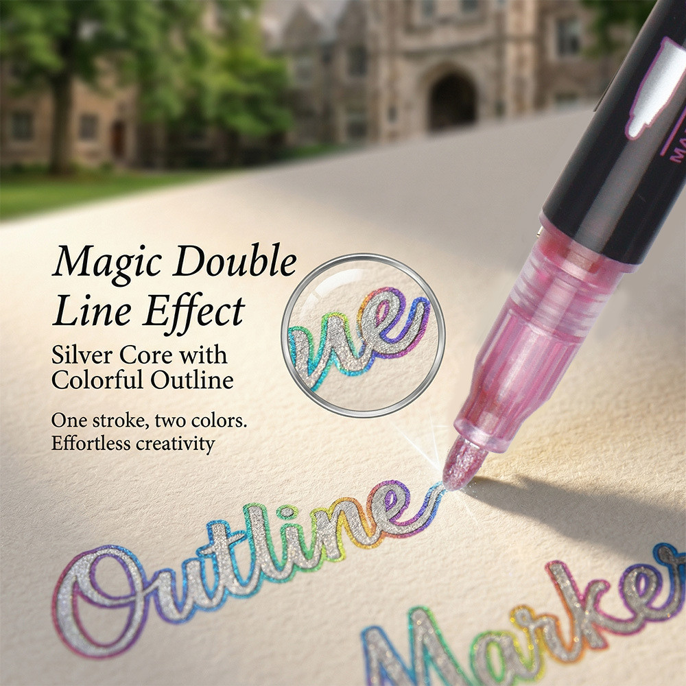 Stationery Double Line Outline Pen 48 Warna Spidol Outline Metallic Glitter DIY Student Art Marker