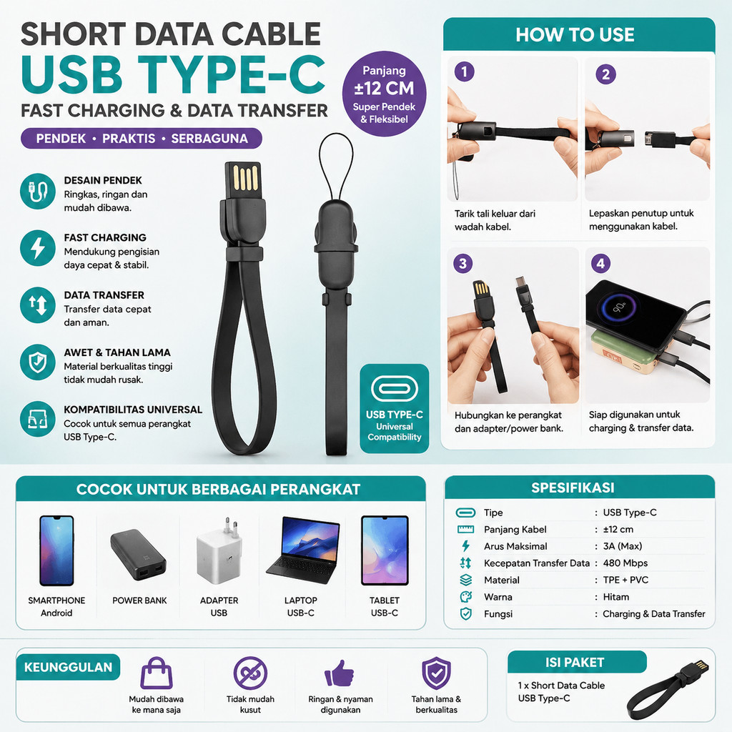 Short Data Cable USB Type C Kabel Data Mini Pendek Model Gantungan Kunci Keychain Universal Travel