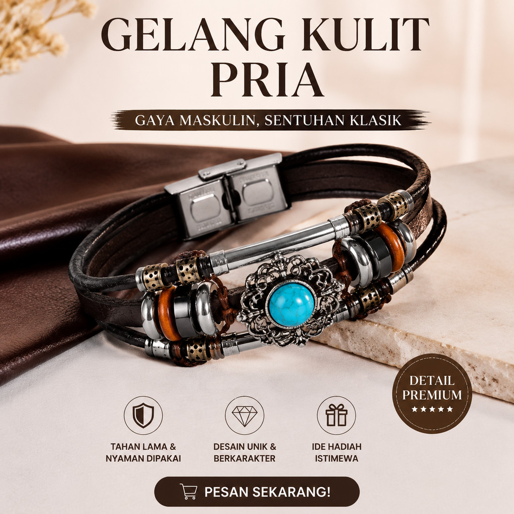 Gelang Kulit Anyaman Pria Gelang Kulit Asli dengan Batu Turquoise dan Aksen Logam