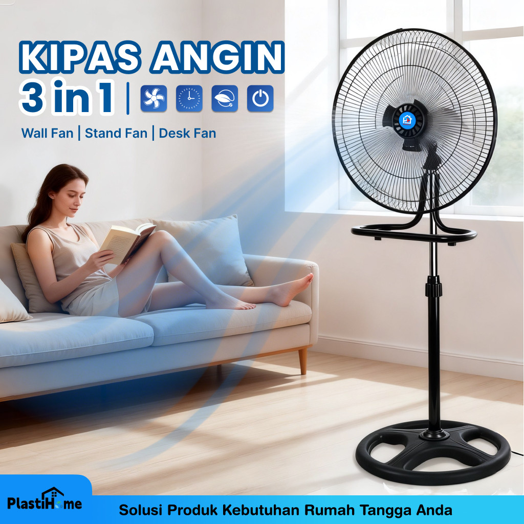 Kipas Angin Berdiri 18 Inch Adjustable – Bisa Pendek & Dinding Hemat Listrik Angin Kencang