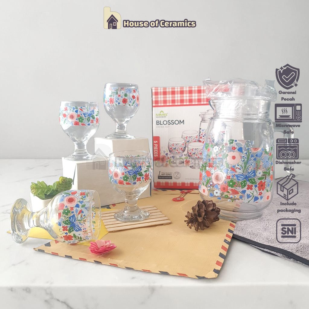 KIG  1 SET Drink Teko Cangkir Set Kaca BLOSSOM BIRU Pitcher Set Beling Jug Drink Set 4 Gelas Gagang 