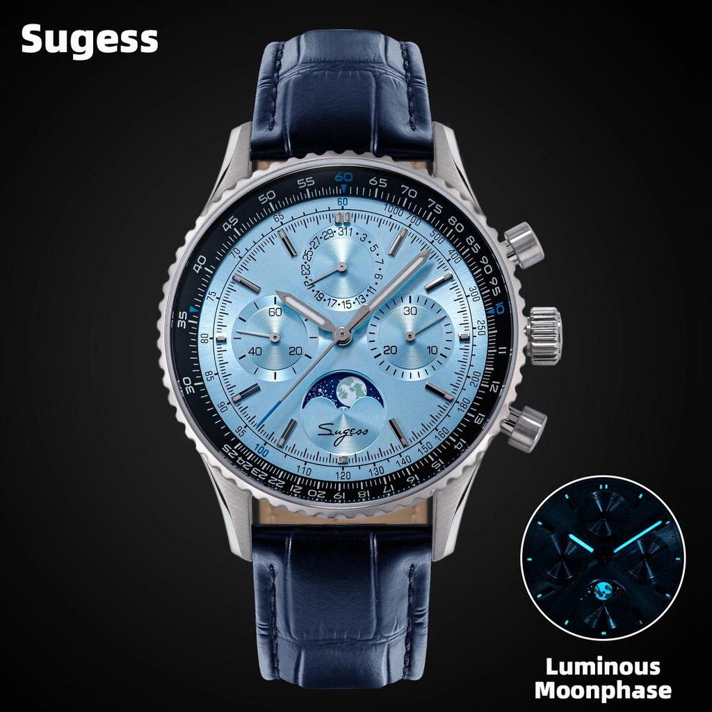 Jam Tangan Pria Sugess Chronograph Watch of Man ST1908 Swanneck Movement Mechanical Moonphase Wristw