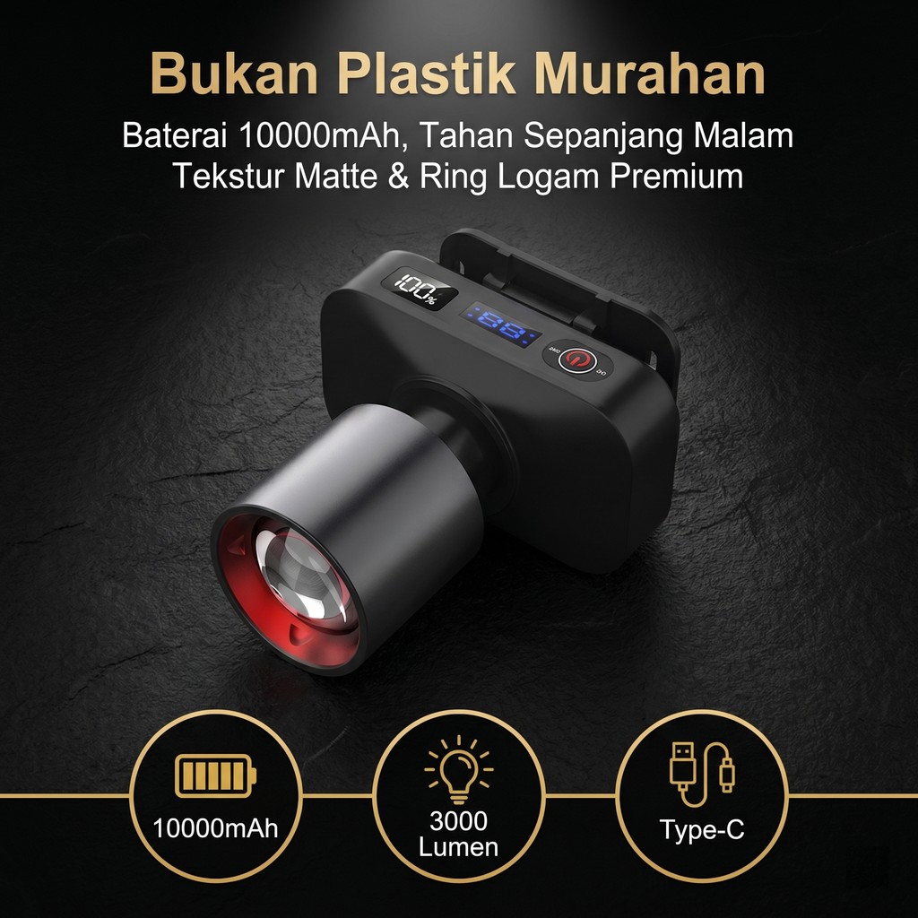 Senter Kepala LED Super Terang 1000 Lumen | Zoom | Digital Display | USB-C | Tahan Air | 10000mAh