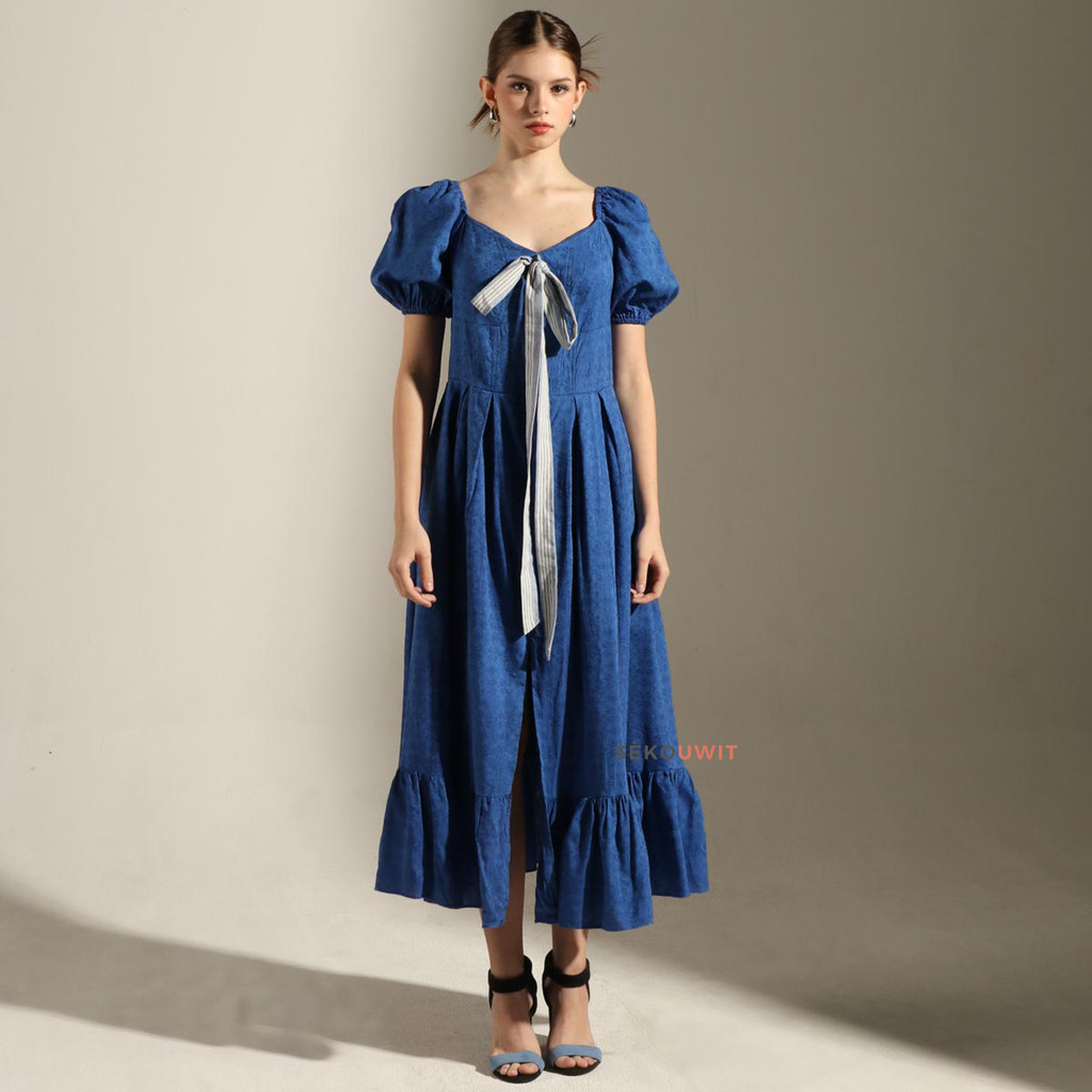Dress Batik Tenun Wanita Plumeria Long Dress Dobby Tenun Batik with Lurik Bow Sekouwit - Blue