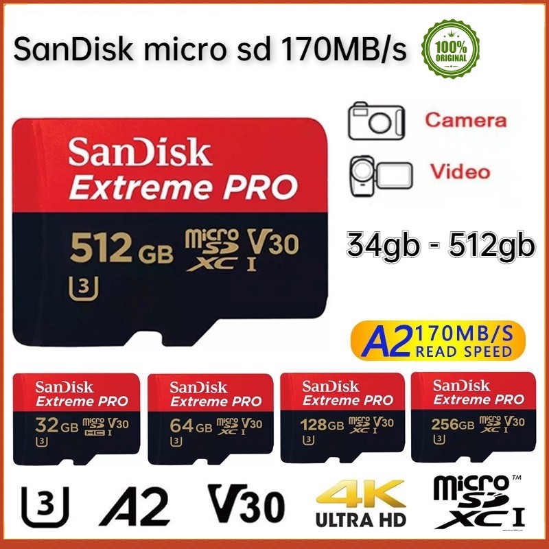 100% ORI SanDisk micro sd Memory Card Extreme Pro C10 A2 kartu memori card 32GB/64GB/128GB/256GB/512