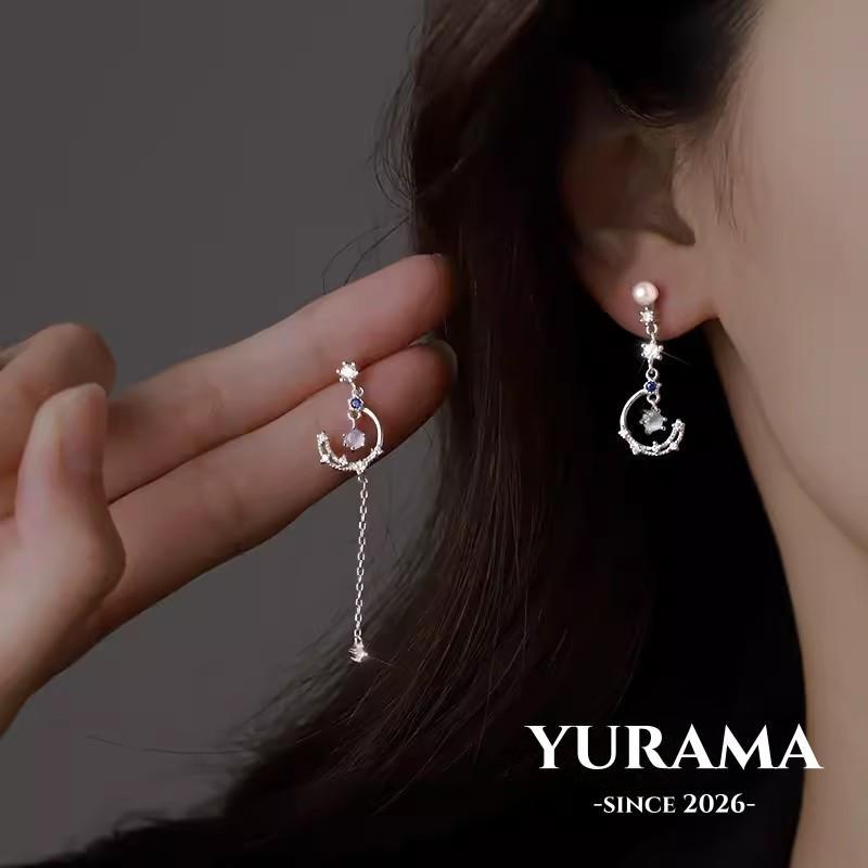 [Yurama] Anting Asimetris Bulan Zirkon Rantai Tassel Fashion Manis untuk Pertemuan C160