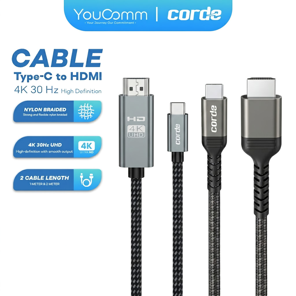 CORDE Kabel HDMI Type-C to HDMI 4K 30Hz | Kabel HDMI HP, Laptop & Tablet ke TV Proyektor