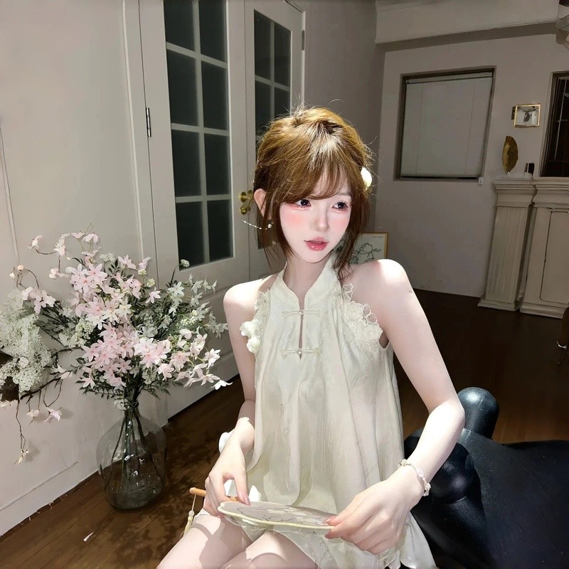 Seoul Cantik COD Set Wanita Putih New Chinese Style Qipao Top Rok Mini Korean Sweet Sexy Outfit Summ