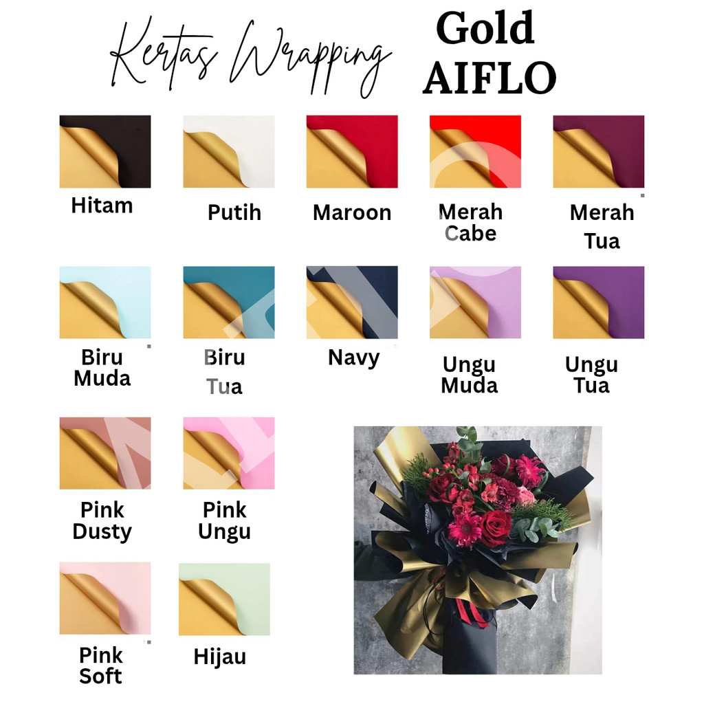 Kertas Wrapping Buket 2 Warna / Gold + Warna / Kertas Cellopahne / Kertas Celo Gold Emas