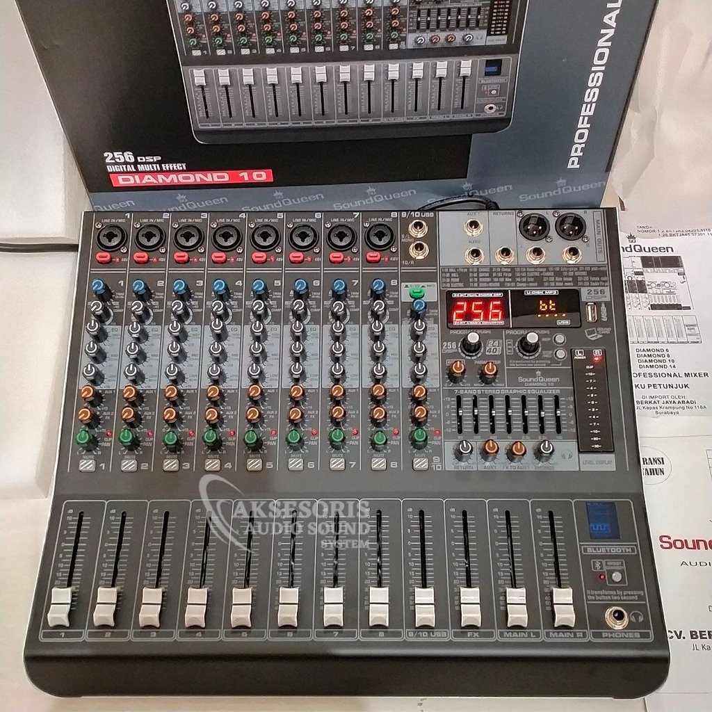 Mixer Soundqueen Diamond 10 Chanel  Efek Digital Reverb 256dsp Compress USB Bluetooth