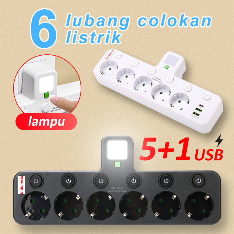 Stop Kontak 6 Port Multiguna Lamp LED + 5 Port + USB TYPE C - 2500W Tahan Api Steeker EU Original