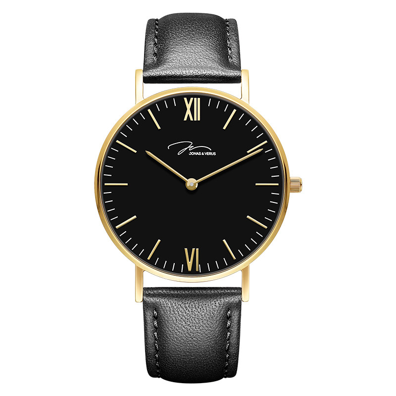 Jam Tangan Pria Jonas & Verus Jane Still Y01646-Q3.GGBLB Men Black Dial Black Leather Strap