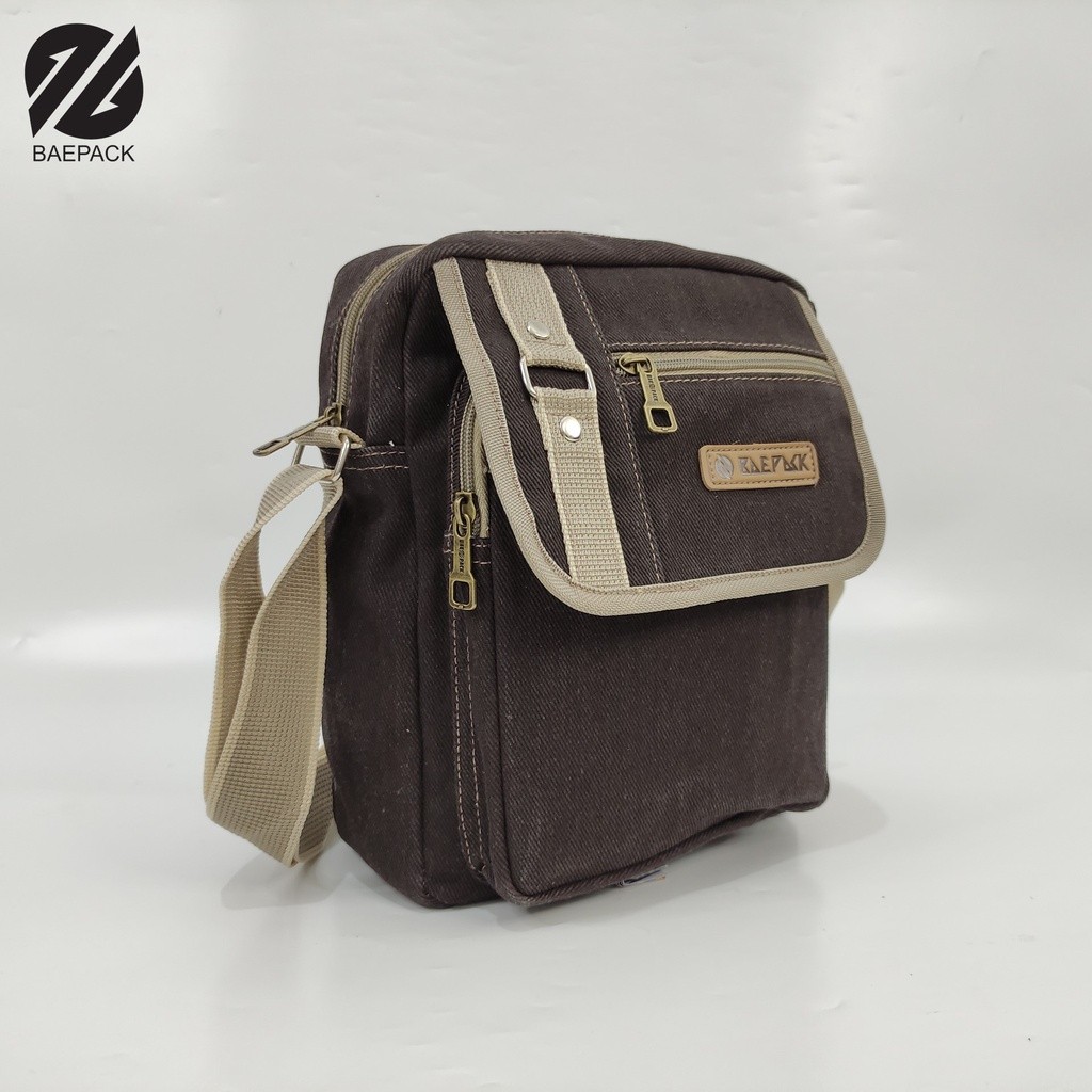 Tas Selempang Kanvas Premium Hanzo Cokelat Tua Original Baepack / Tas Bahu Pria dan Wanita / Tas Can