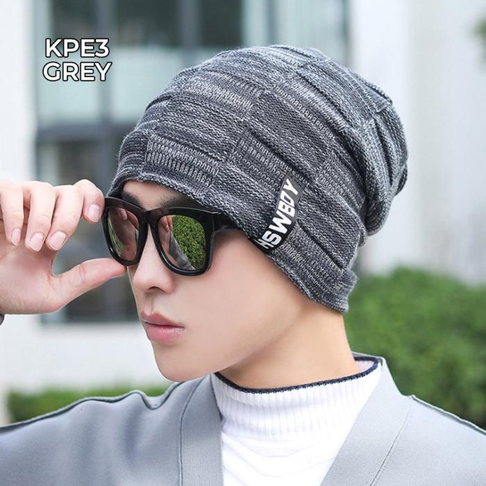 Topi Kupluk Beanie HSWBOY Kupluk Wool Winter Kupluk Rajut Pria Wanita - GREY
